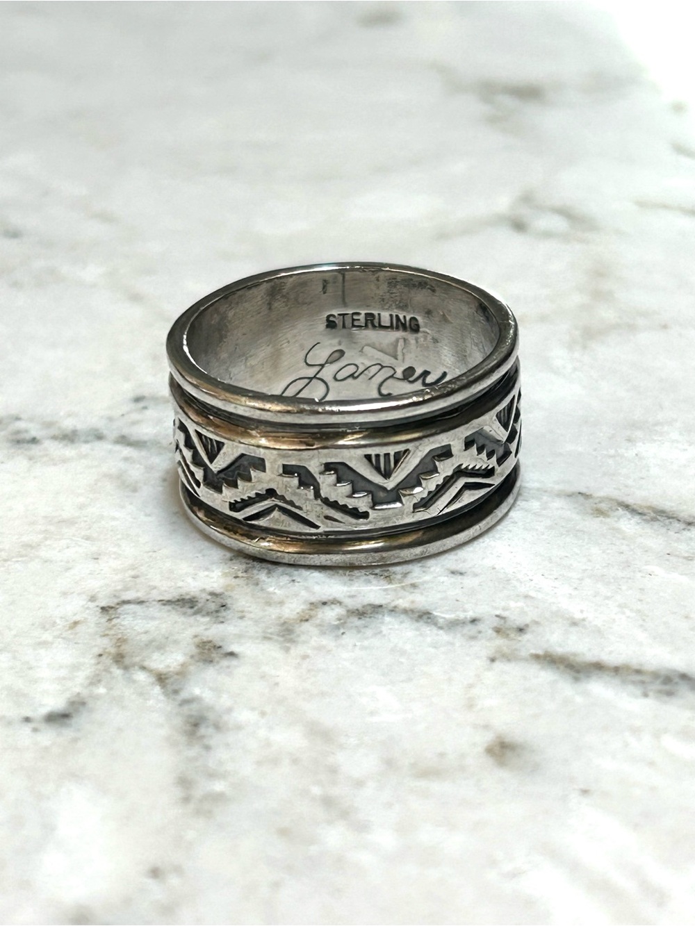 Navajo Troy Laner Sterling Silver Vintage Stamped Band Ring, size 9.75, signed